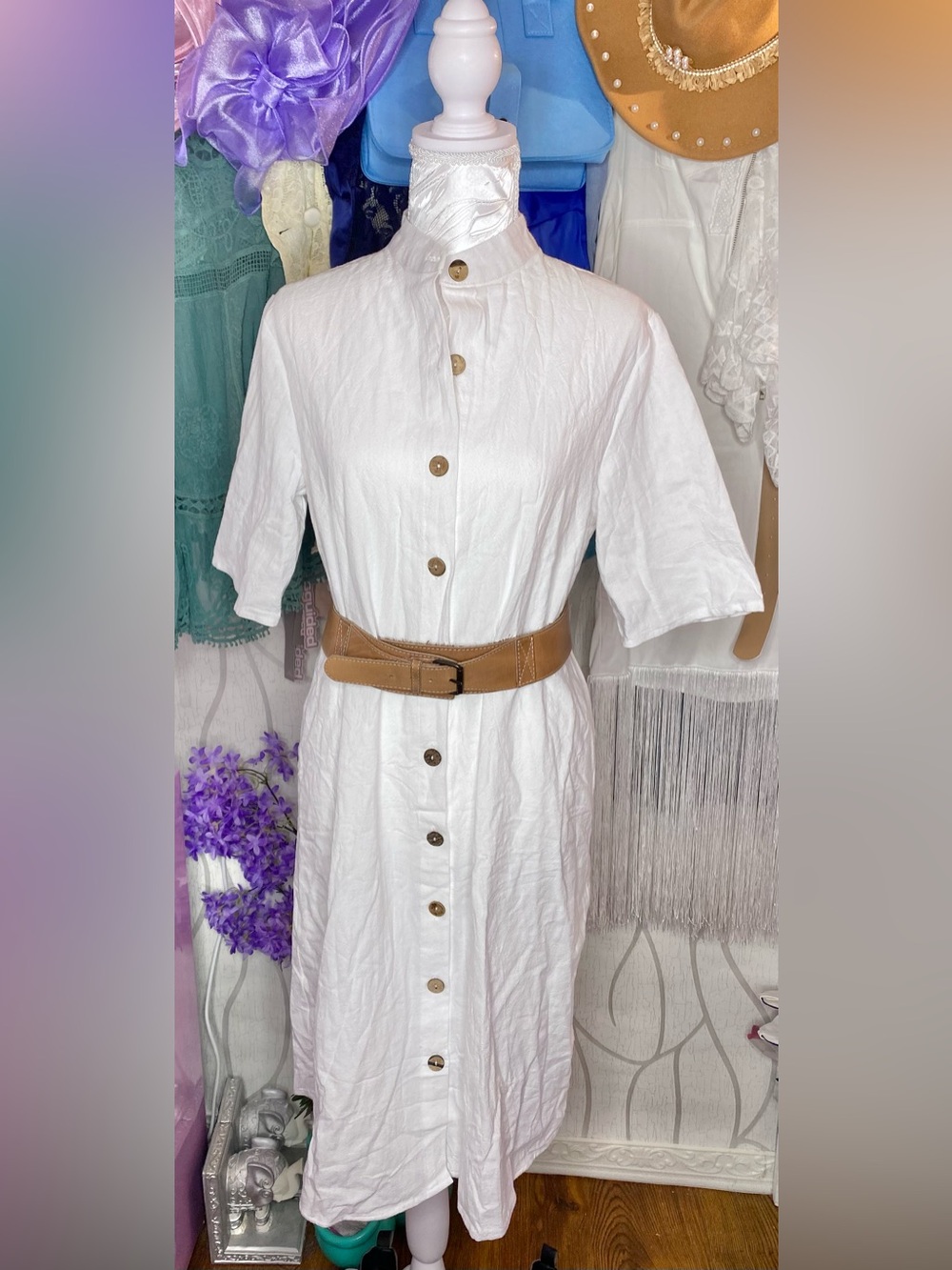 🎀🌷 100% Cotton White Button-Front Midi Shirt Dress 🌷🎀